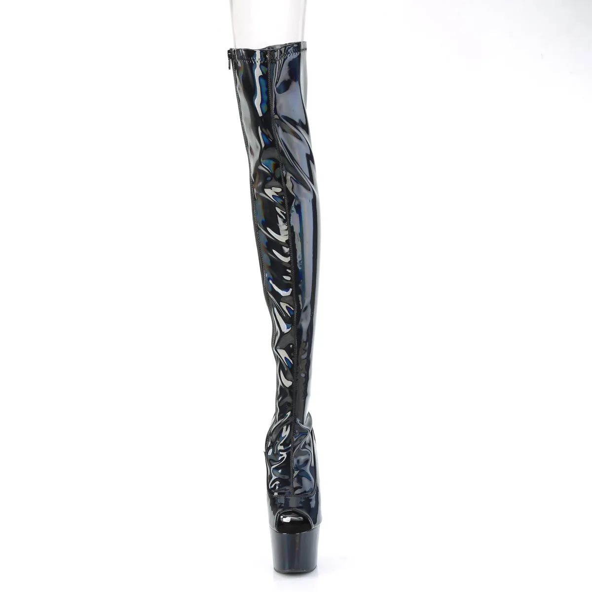 Adore 3011HWR Black Hologram Open Toe 7" Heel / Platform Thigh Boots -Direct