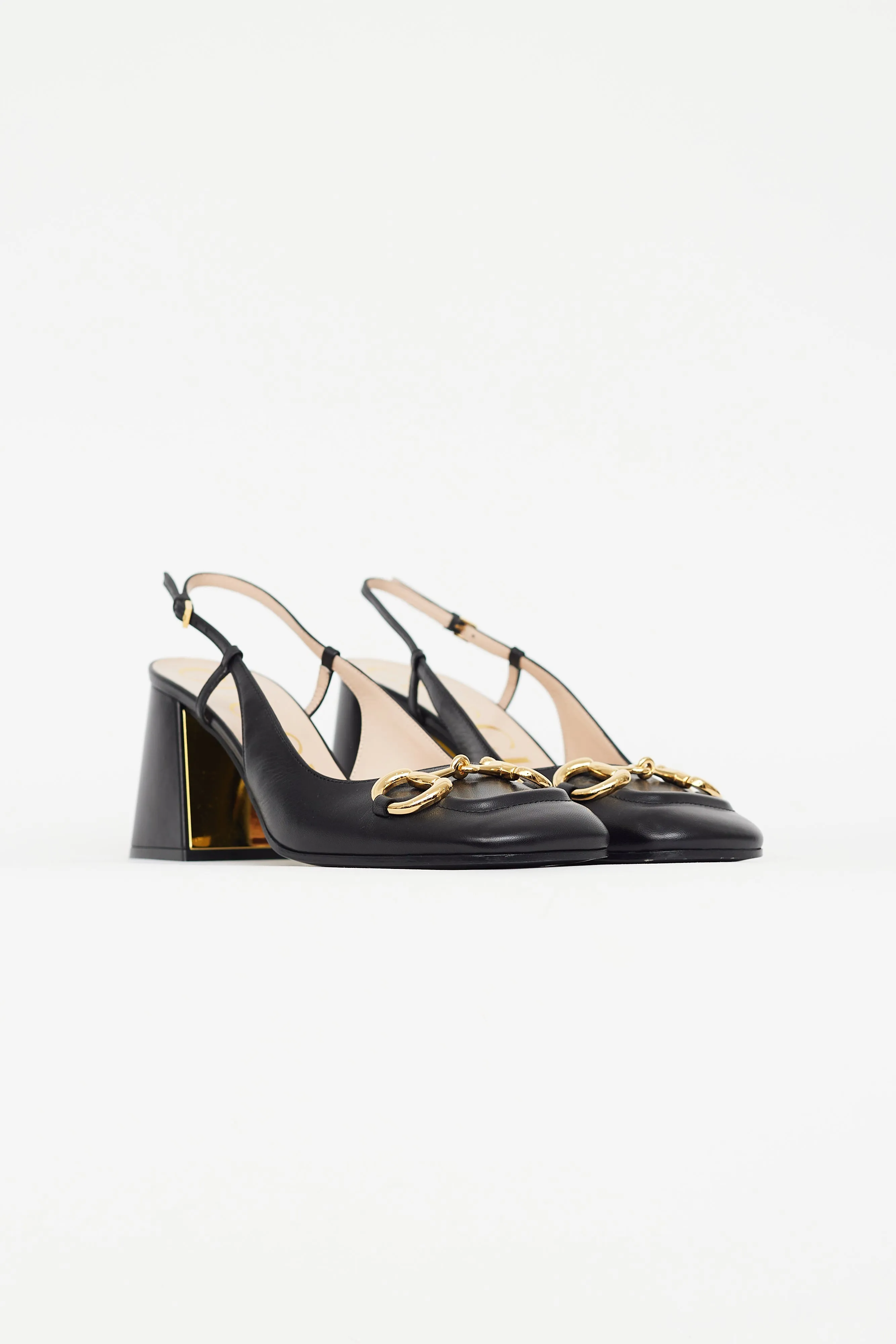Black Leather Gold Hardware Heel