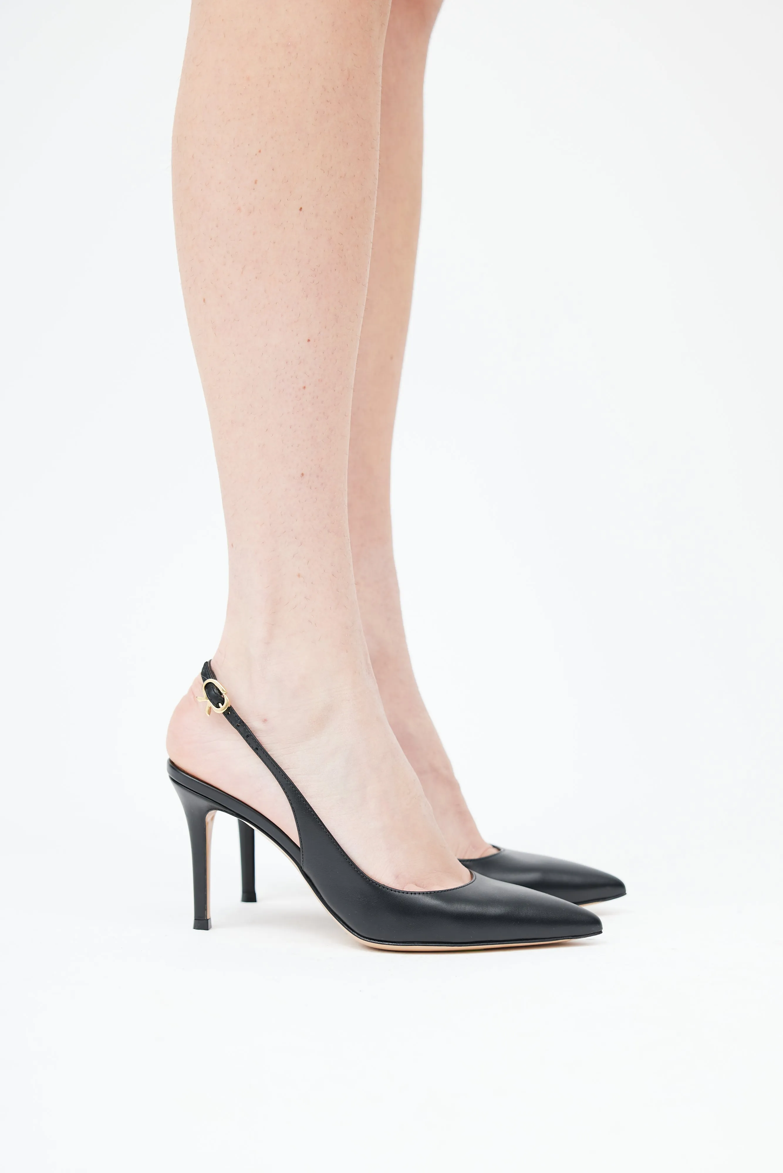 Black Leather Pointed Toe Slingback Pump