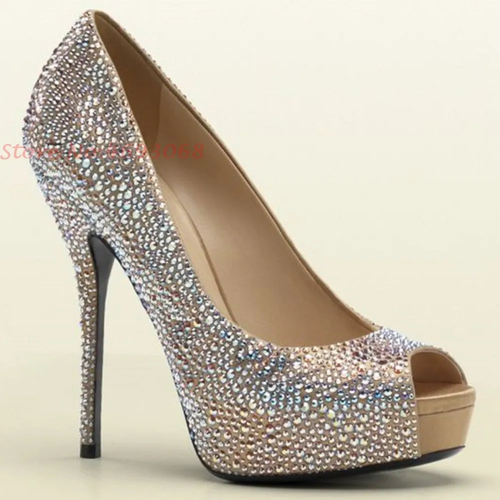 Bling Crystal Peep Toe Slip On Luxury High Heels