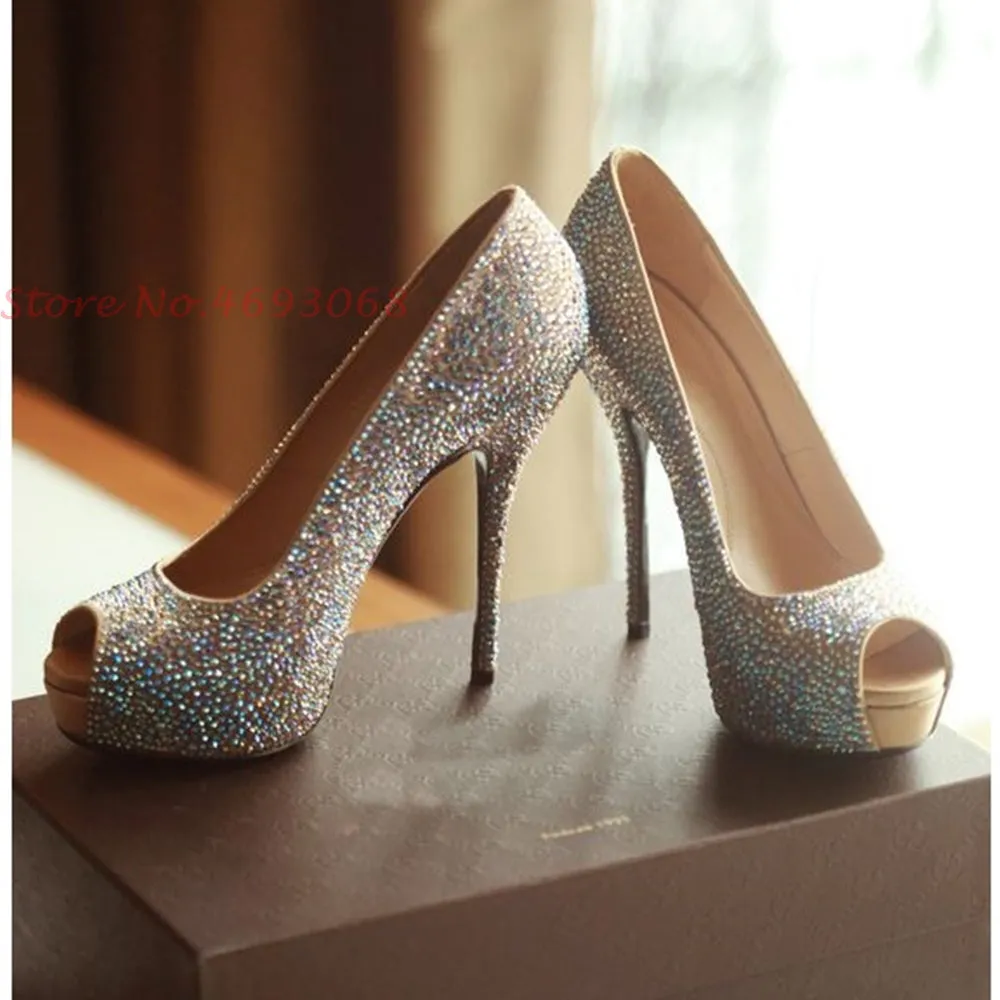 Bling Crystal Peep Toe Slip On Luxury High Heels