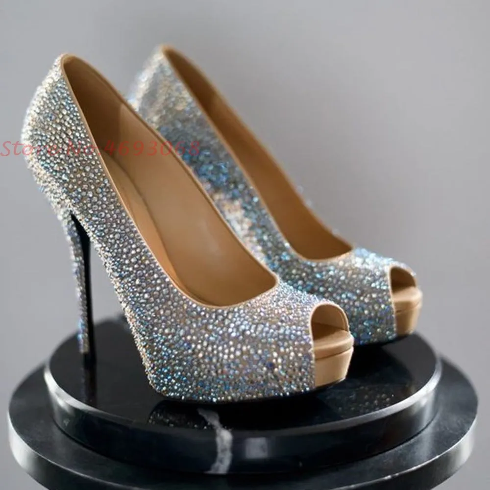 Bling Crystal Peep Toe Slip On Luxury High Heels