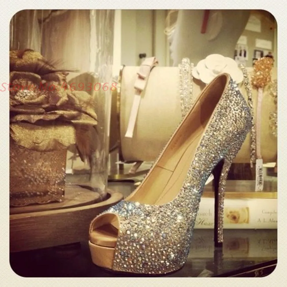 Bling Crystal Peep Toe Slip On Luxury High Heels