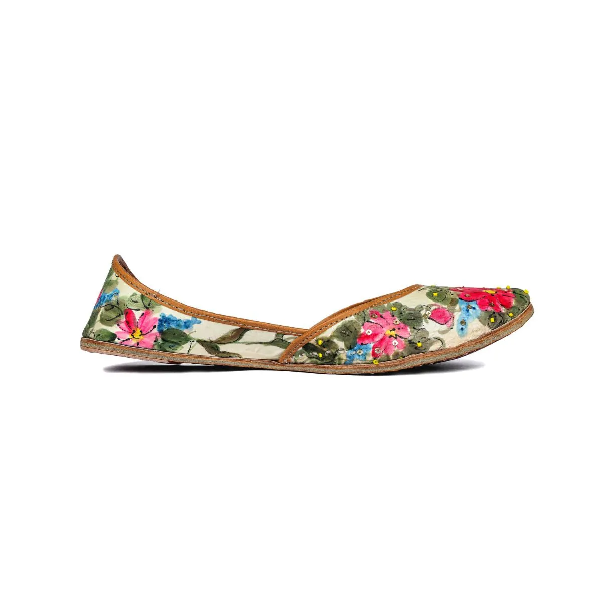 Cosmos Hand-Painted Women Jutti | Pink & Green | Hand Embroidered