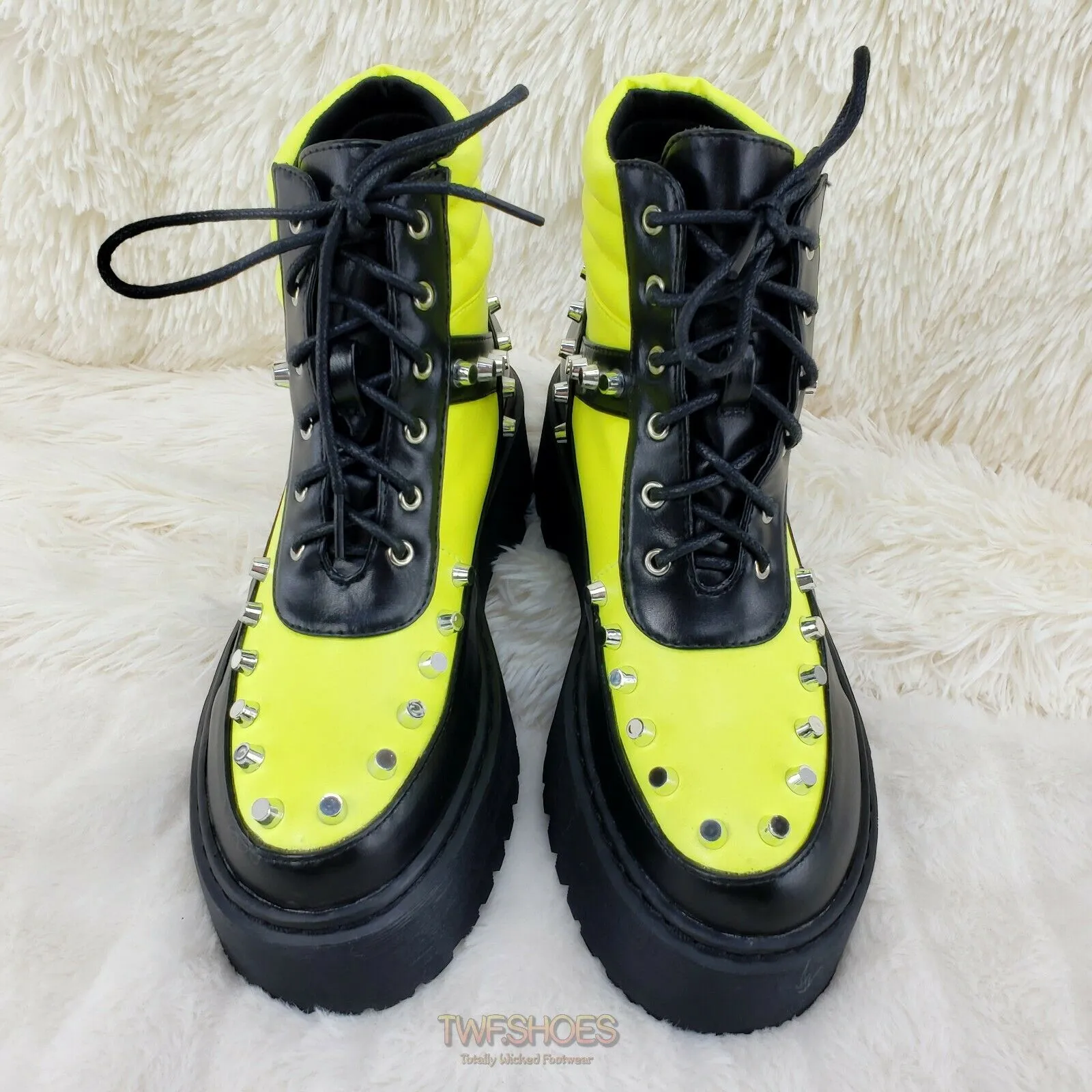 Cyber Punk Cap Stud Combat Sneaker Ankle Boots 2 Tone Lime Black 6-11