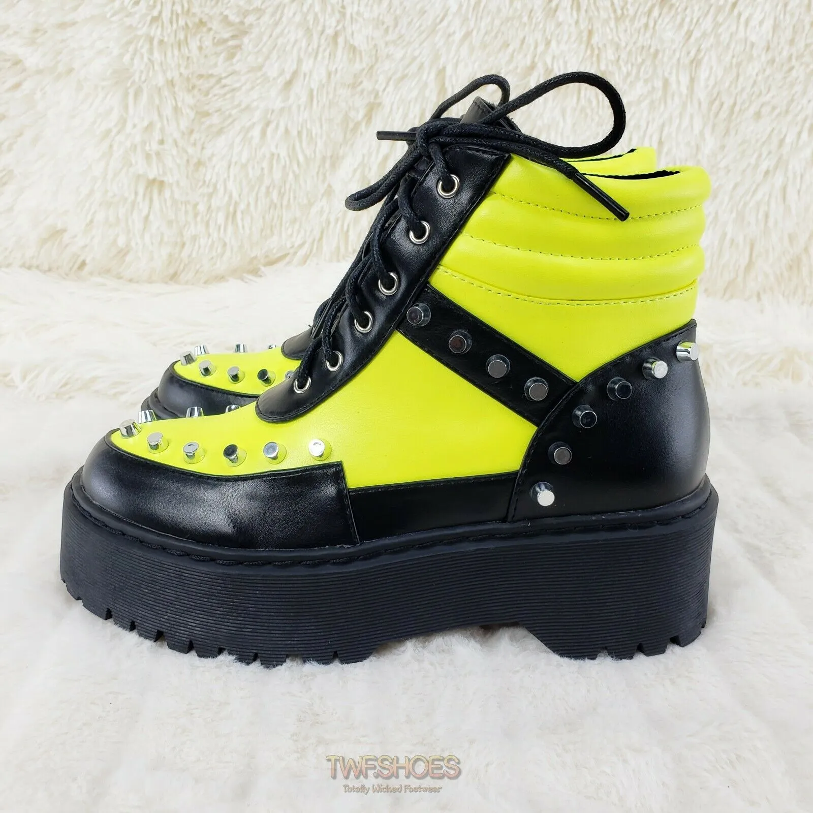 Cyber Punk Cap Stud Combat Sneaker Ankle Boots 2 Tone Lime Black 6-11