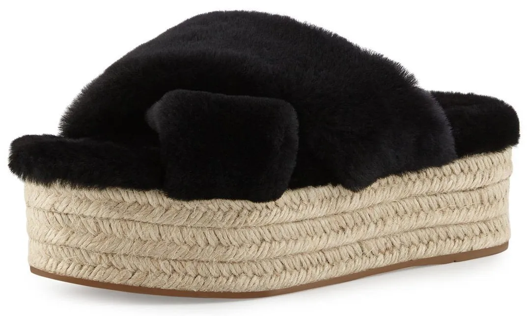 Fur Criss-Cross Platform Espadrille Sandals - Black