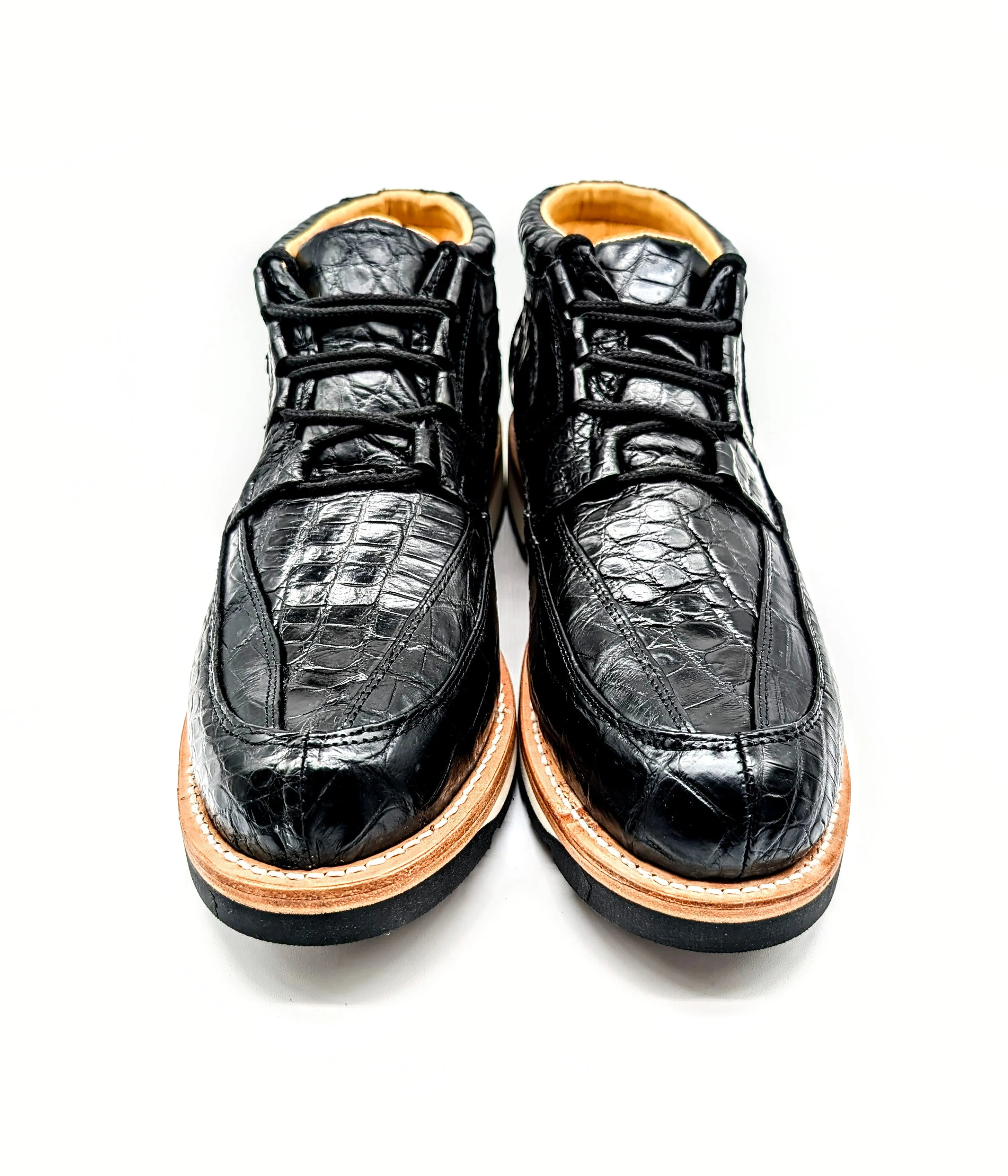Men's Black Glazed Alligator Leather Goodyear Welt Ankle Boots with Non-Slip Foam Rubber Sole