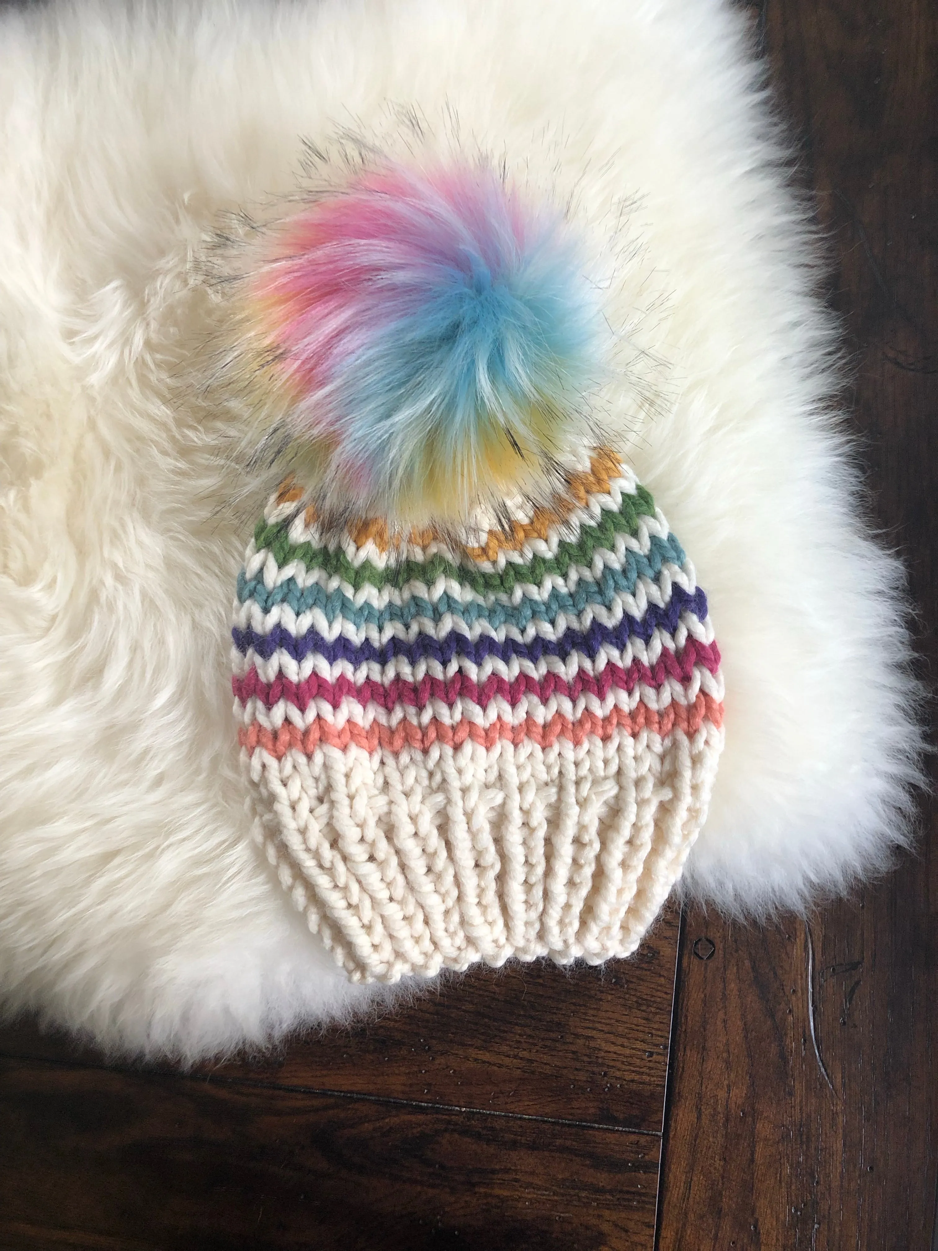 Rainbow Stripe Hat with Faux Fur Pom Pom