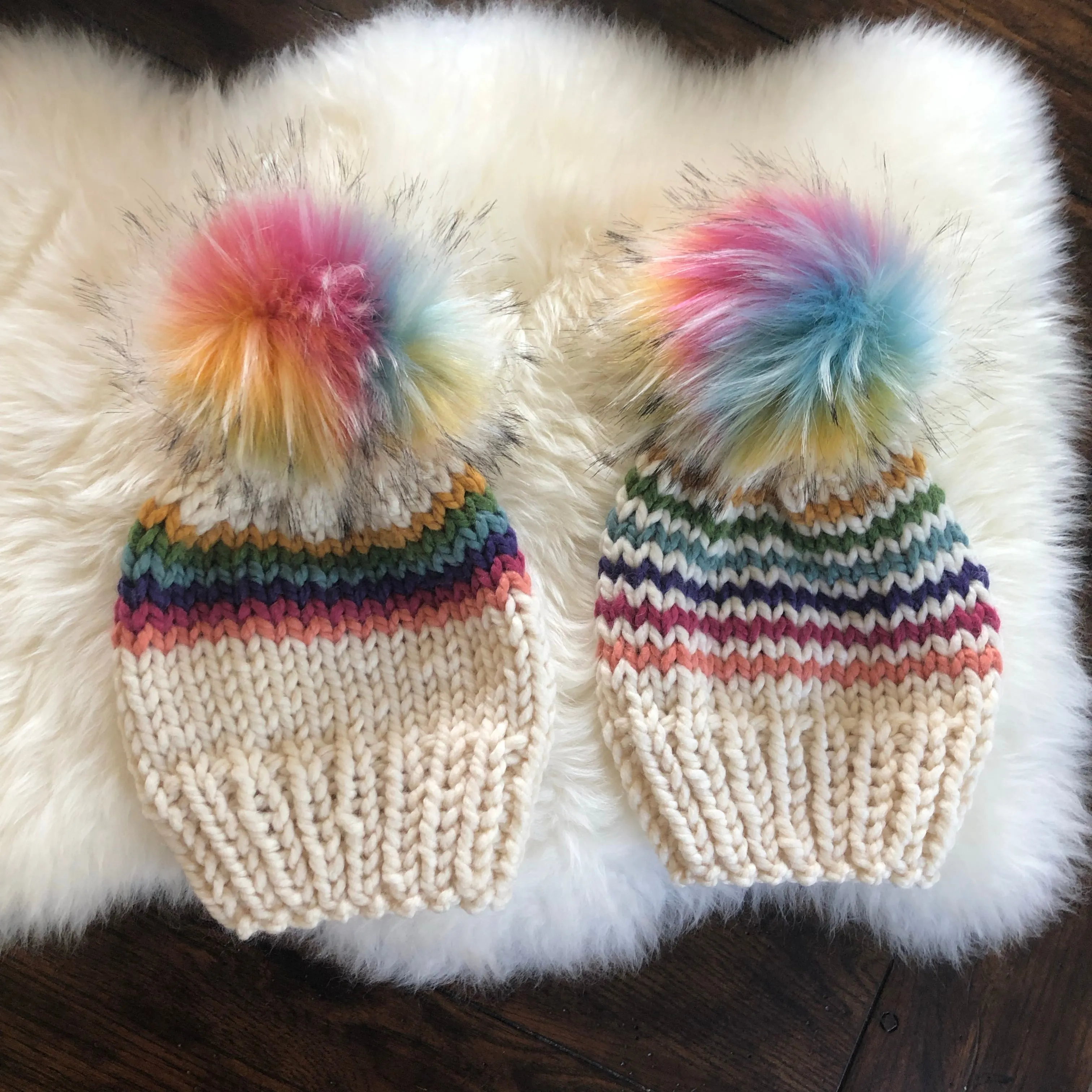 Rainbow Stripe Hat with Faux Fur Pom Pom