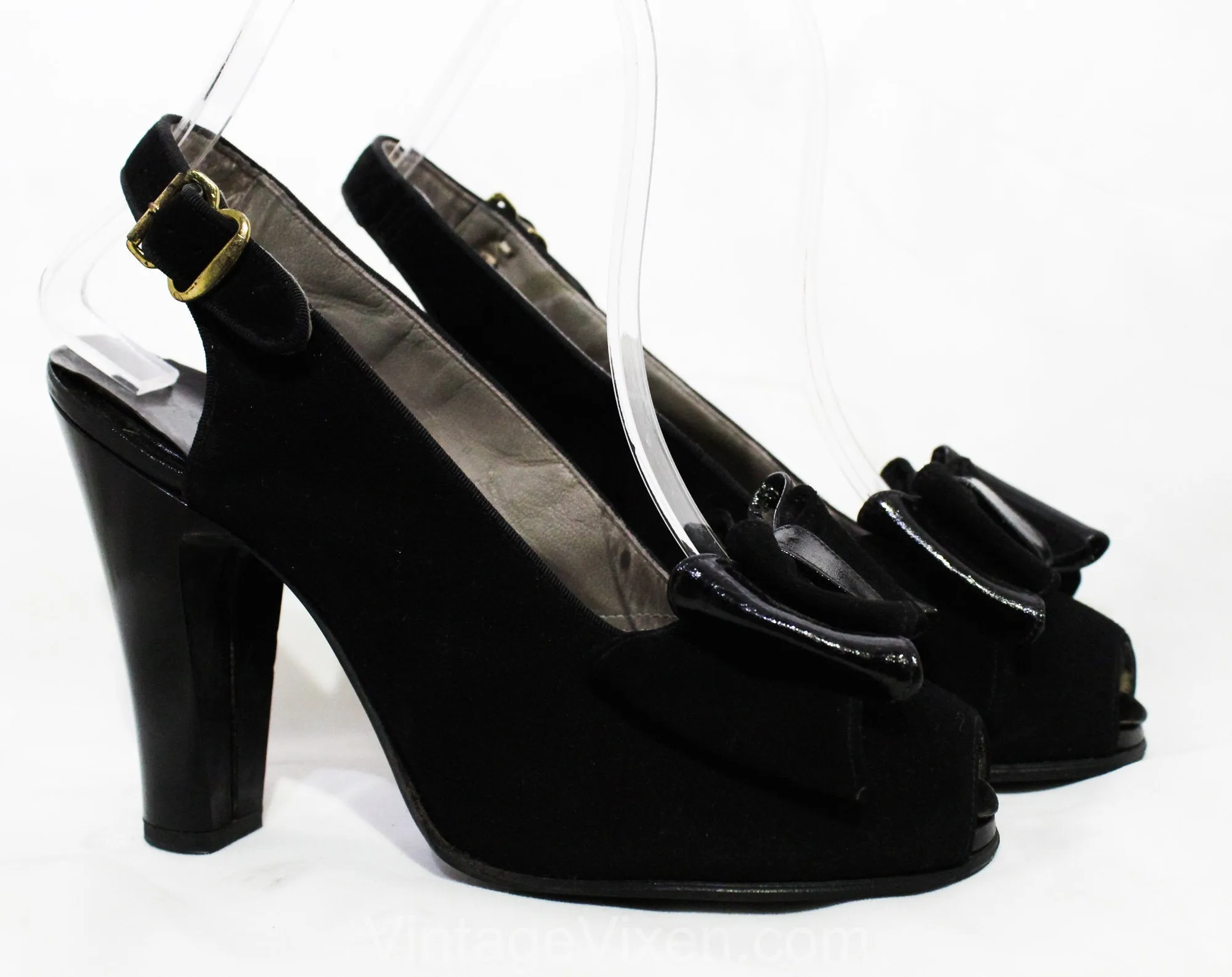 Size 5.5 1930s Black Suede Peep Toe Shoes with Bows - Glam Authentic 30s 40s High Heels - Sexy Pin Up Style NOS Deadstock - Unworn 5 1/2