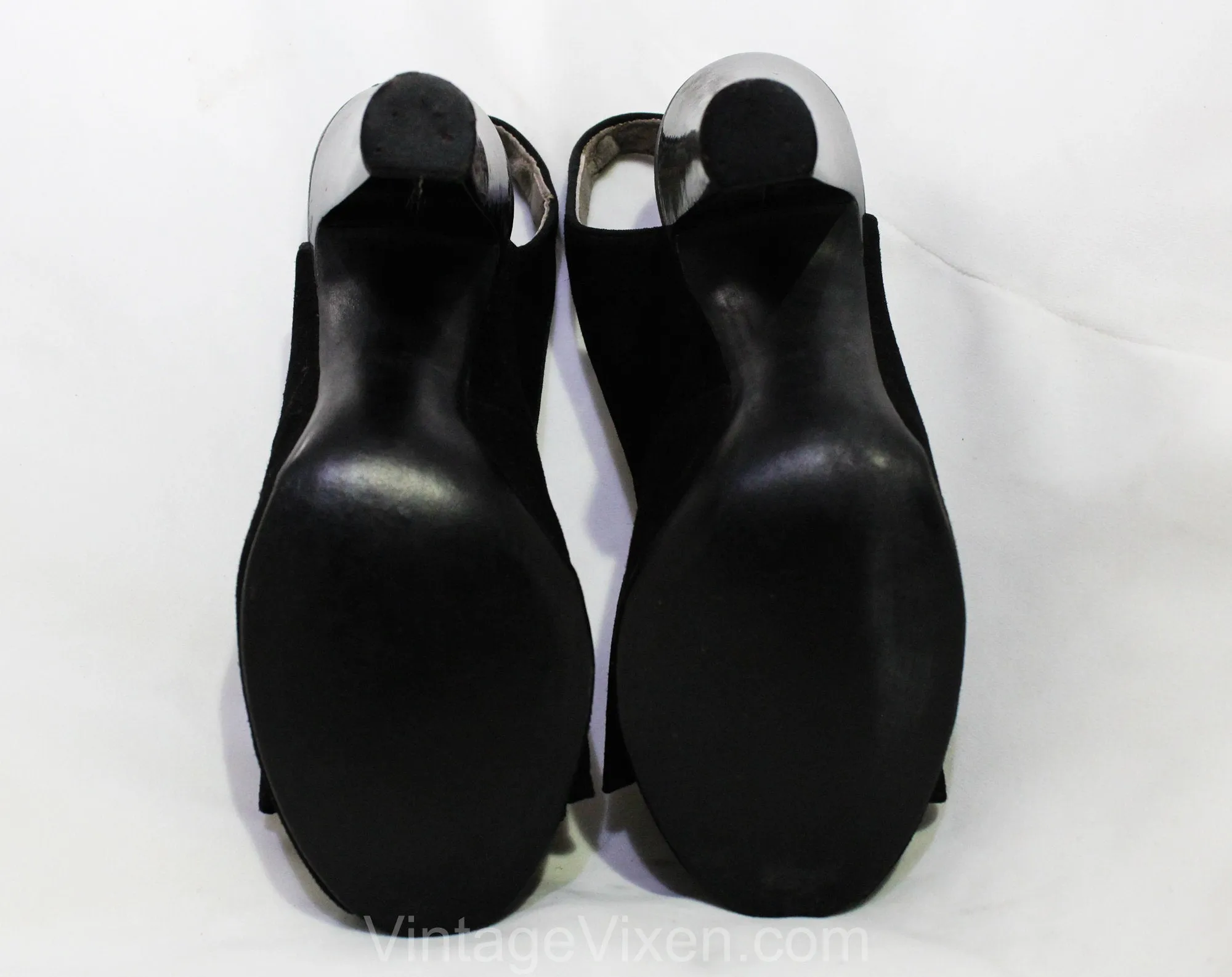 Size 5.5 1930s Black Suede Peep Toe Shoes with Bows - Glam Authentic 30s 40s High Heels - Sexy Pin Up Style NOS Deadstock - Unworn 5 1/2