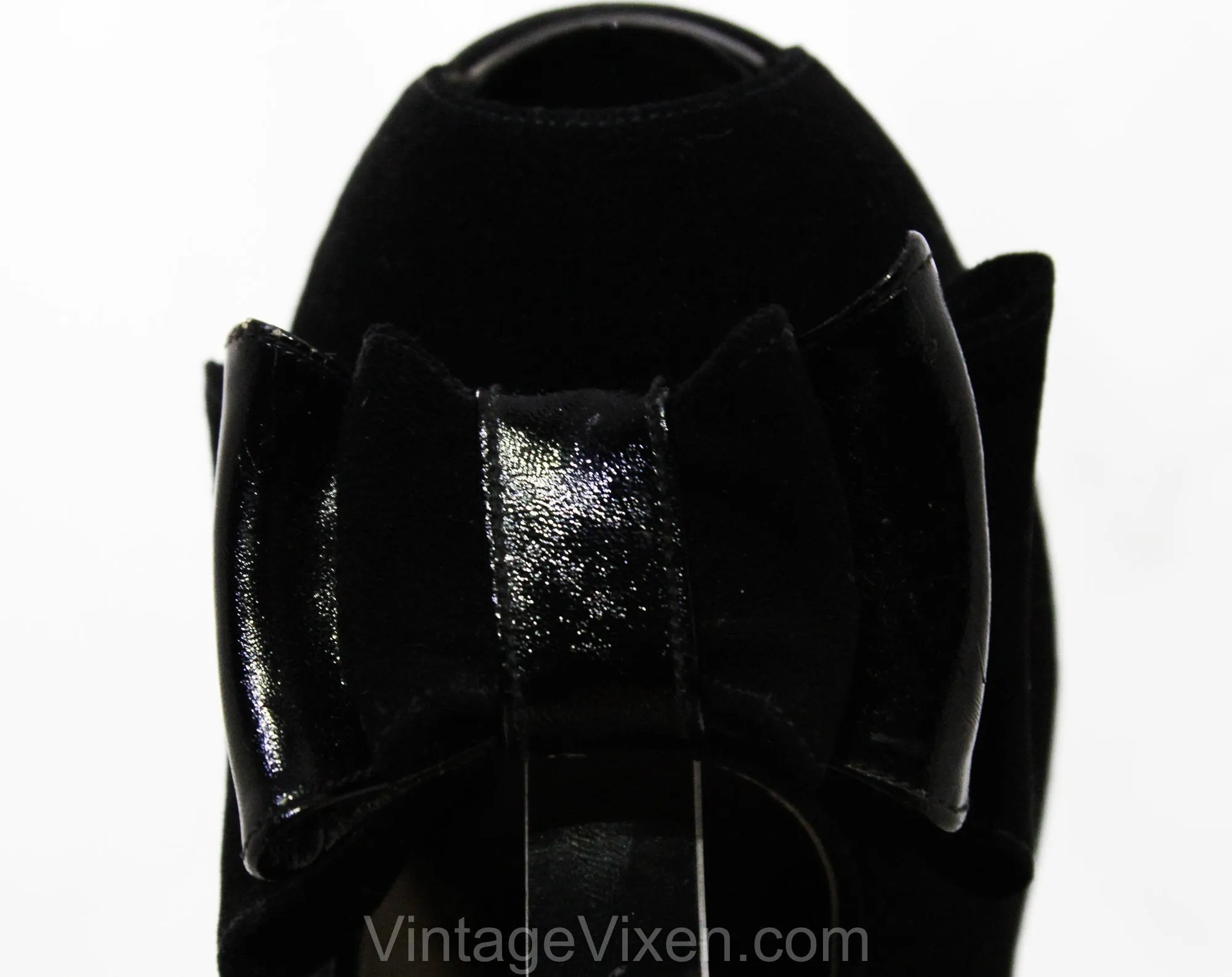 Size 5.5 1930s Black Suede Peep Toe Shoes with Bows - Glam Authentic 30s 40s High Heels - Sexy Pin Up Style NOS Deadstock - Unworn 5 1/2