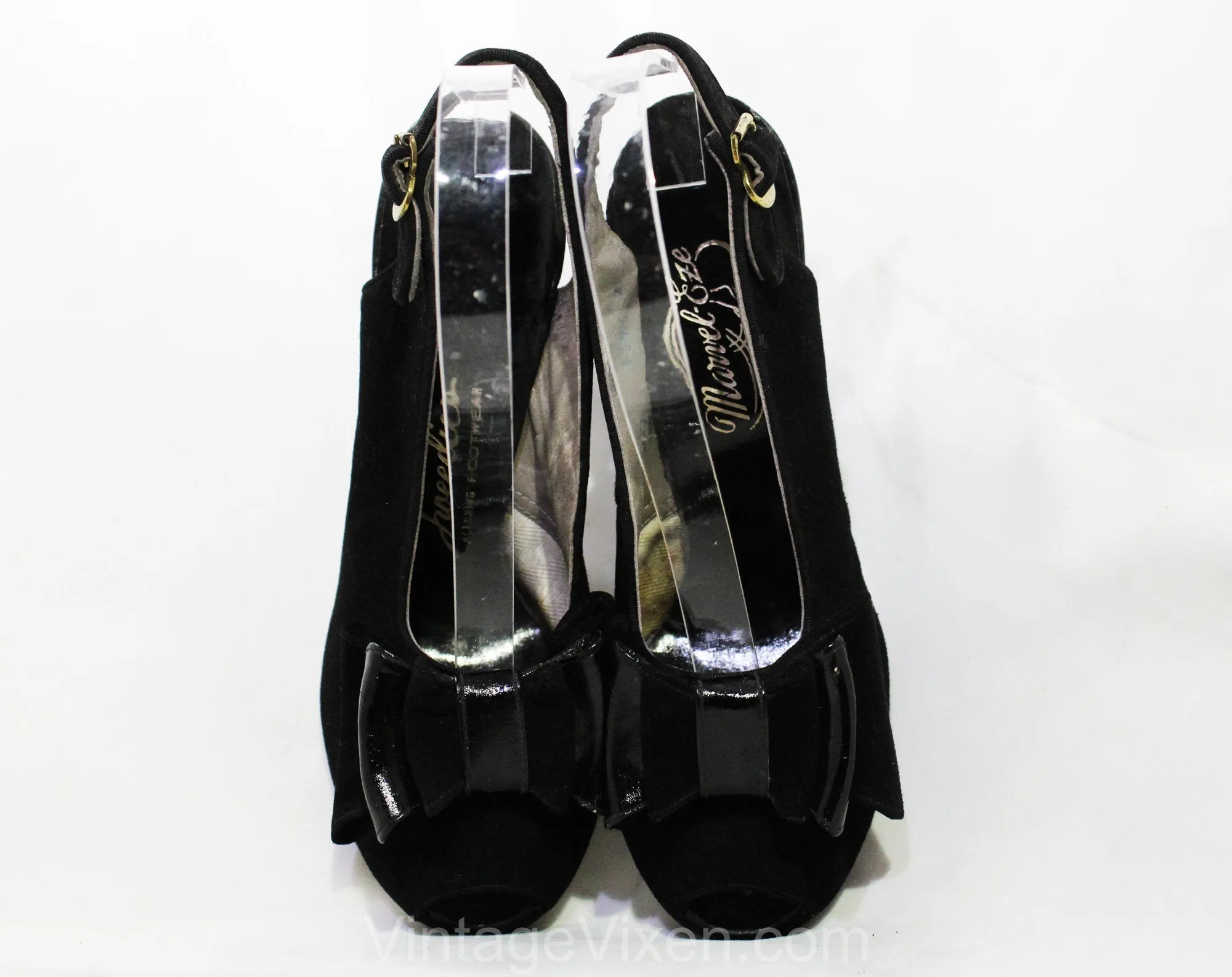 Size 5.5 1930s Black Suede Peep Toe Shoes with Bows - Glam Authentic 30s 40s High Heels - Sexy Pin Up Style NOS Deadstock - Unworn 5 1/2