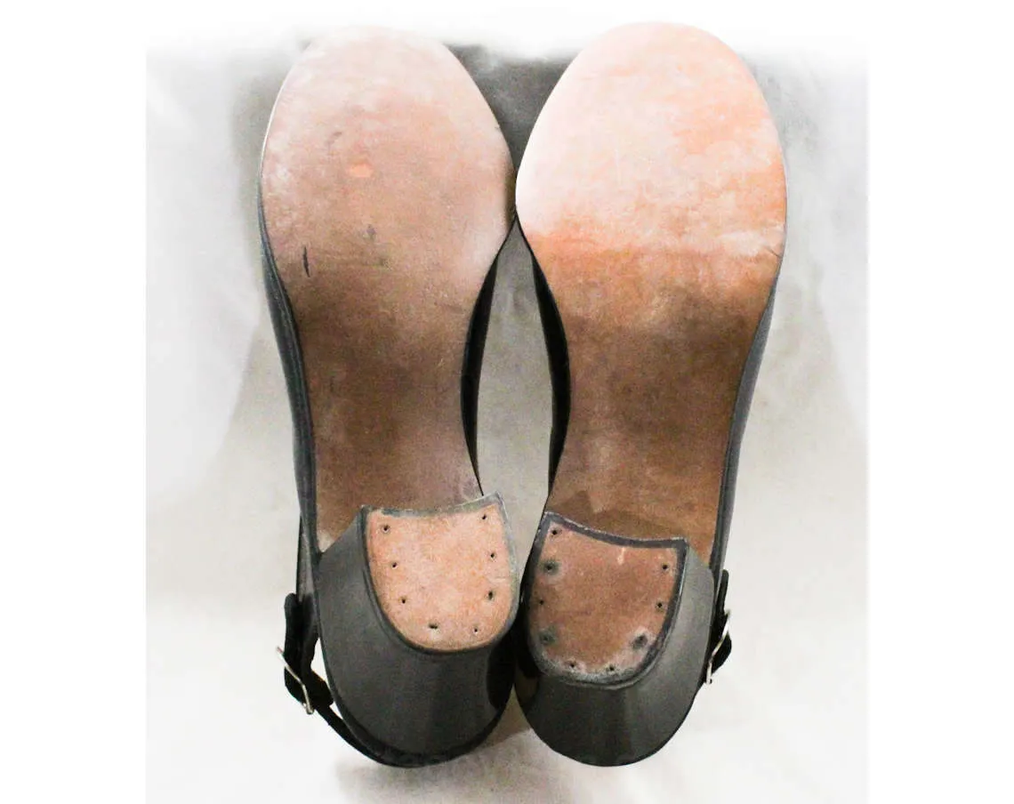 Size 6 1940s Black Shoes - Beautiful Peep Toe 40s Pumps with Broguing & Slingback - 6M WWII Swing Era 40's Deadstock Shoe - Fancy Free