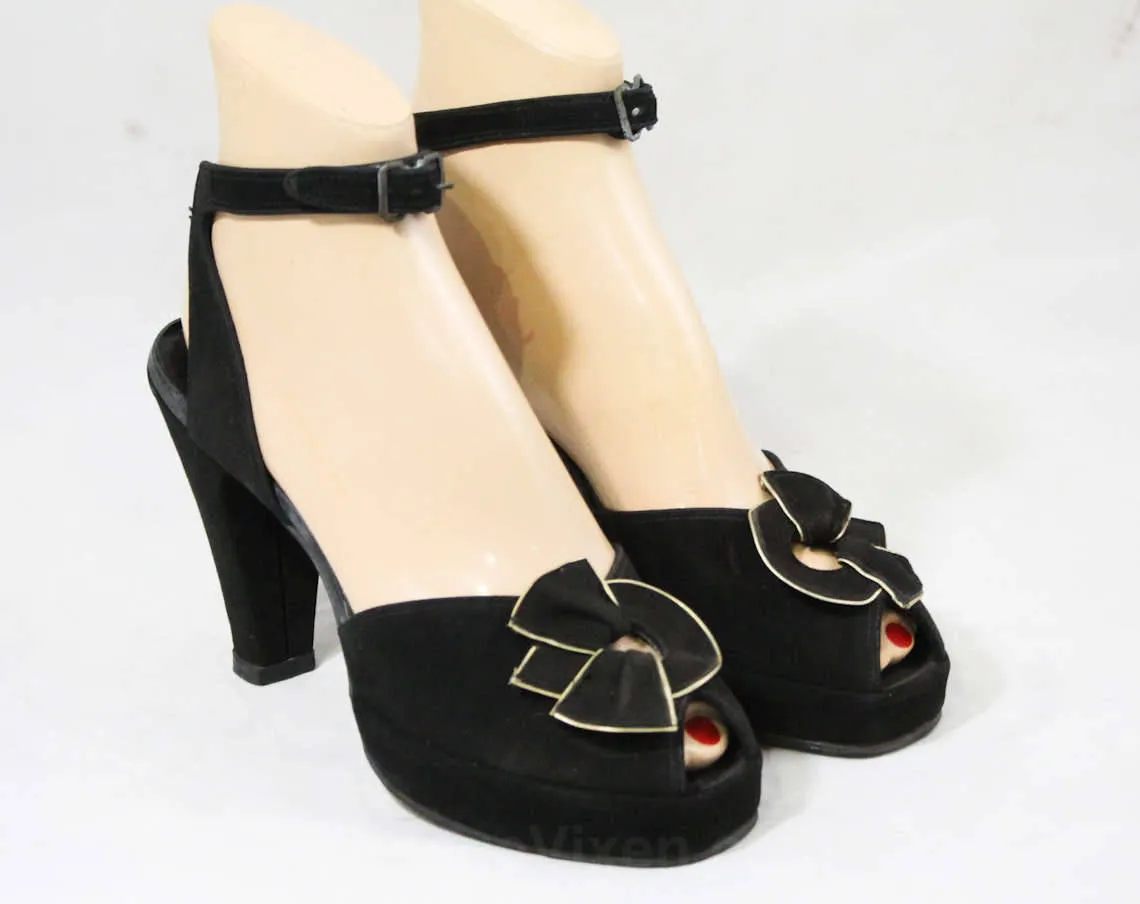 Size 6 1940s Shoes - Black Suede Platforms with Sexy Ankle Strap - Art Deco Accents with Gold Trim - 30s 40s Deadstock Heels - 6S Narrow