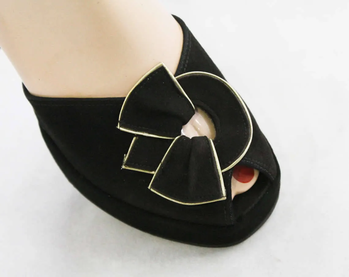 Size 6 1940s Shoes - Black Suede Platforms with Sexy Ankle Strap - Art Deco Accents with Gold Trim - 30s 40s Deadstock Heels - 6S Narrow