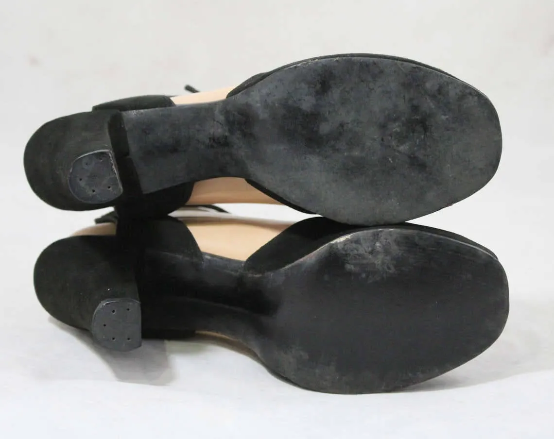Size 6 1940s Shoes - Black Suede Platforms with Sexy Ankle Strap - Art Deco Accents with Gold Trim - 30s 40s Deadstock Heels - 6S Narrow