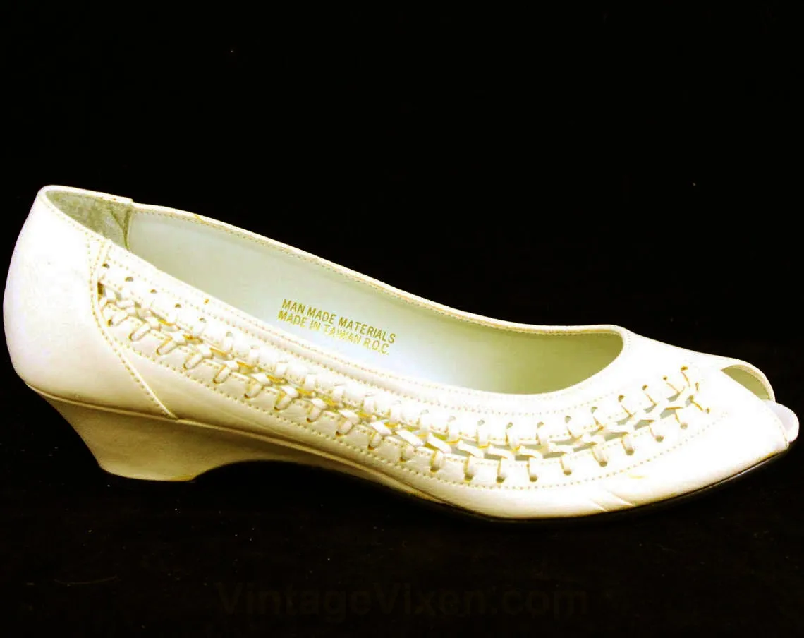 Size 6.5 Cream Shoes - Sexy Asymmetric Huarache Style - As Is - Peep Toe 1990s Kitten Heels - Woven Trim - Retro 90s Deadstock - 6 1/2
