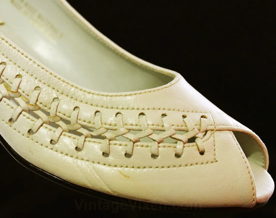 Size 6.5 Cream Shoes - Sexy Asymmetric Huarache Style - As Is - Peep Toe 1990s Kitten Heels - Woven Trim - Retro 90s Deadstock - 6 1/2
