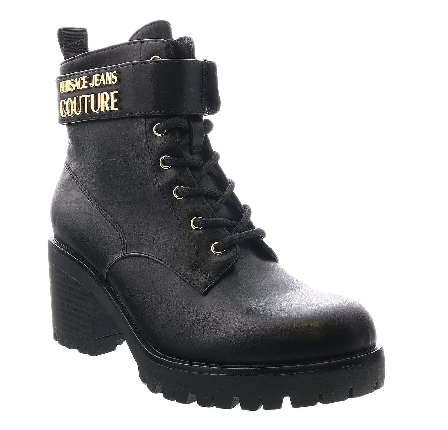 Versace Jeans Couture Black Block Heel Lace Up Combat Boots-