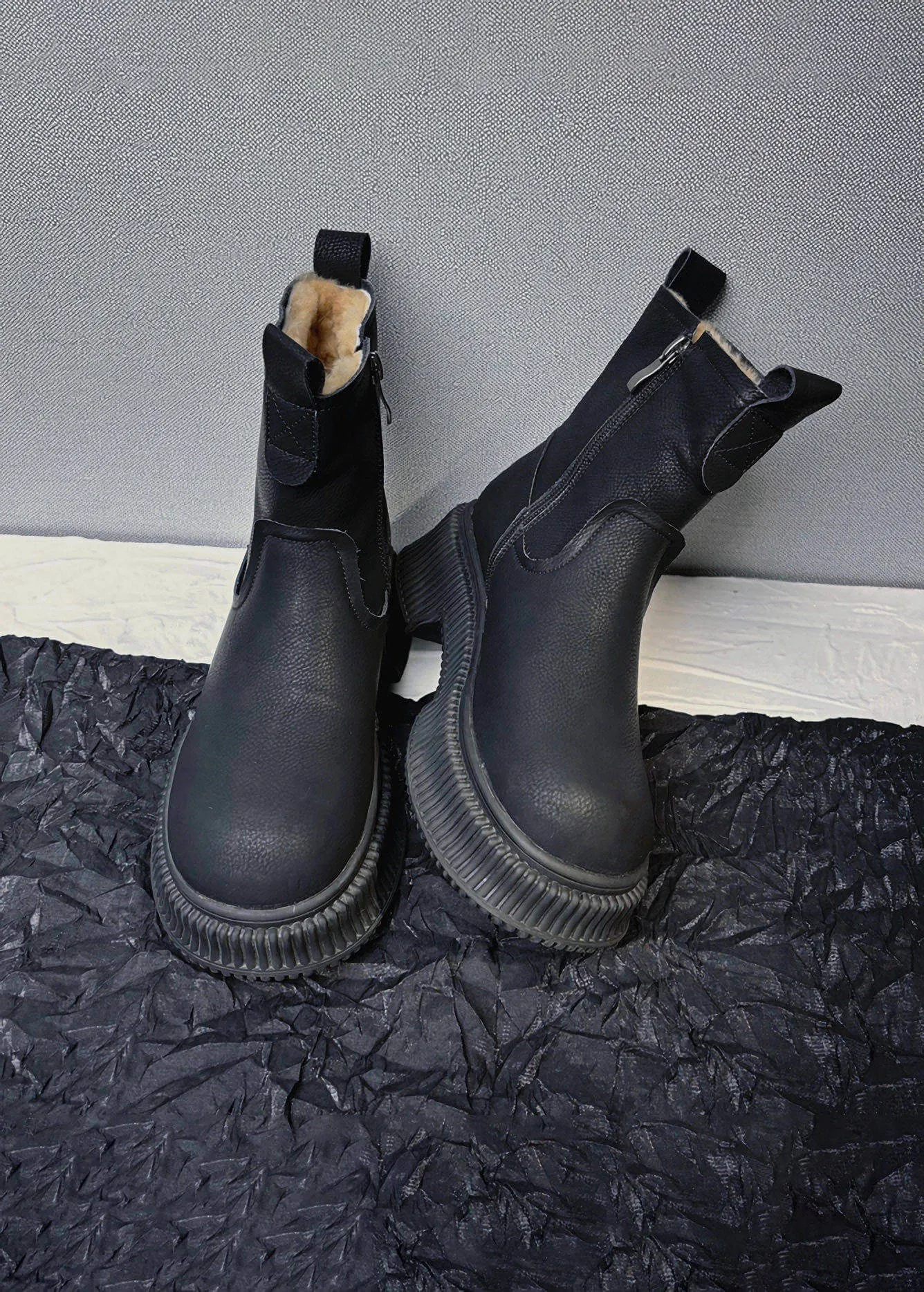 Winter Platform Lug Sole Leather Wool Fur Snow Boots
