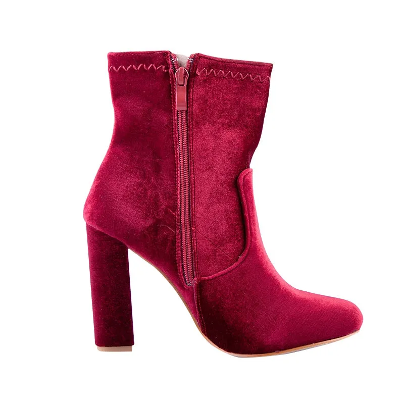 Women's Autumn/Winter Square-Heeled Velvet Ankle Boots
